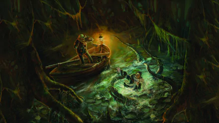 HD PC desktop wallpaper for the Call of Cthulhu video game: a lantern-lit rowboat in a murky cavern as writhing tentacles rise around a struggling figure.