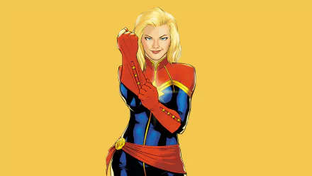 Captivating HD wallpaper featuring Carol Danvers as Captain Marvel, showcasing her iconic superhero costume against a vibrant yellow background.