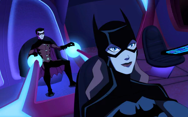 HD desktop wallpaper featuring Barbara Gordon as Batgirl and Tim Drake as Robin from the Young Justice TV show in dynamic action poses.