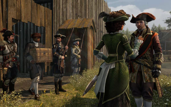 A dynamic scene from Assassin's Creed III: Liberation featuring characters in historical attire, engaging in a lively conversation amidst a rustic backdrop. HD desktop wallpaper.