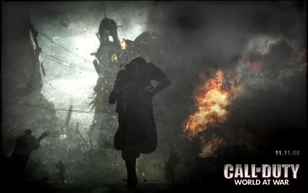 HD PC desktop wallpaper featuring an intense war scene from the video game Call of Duty: World at War, with soldiers advancing amid smoke and fire.