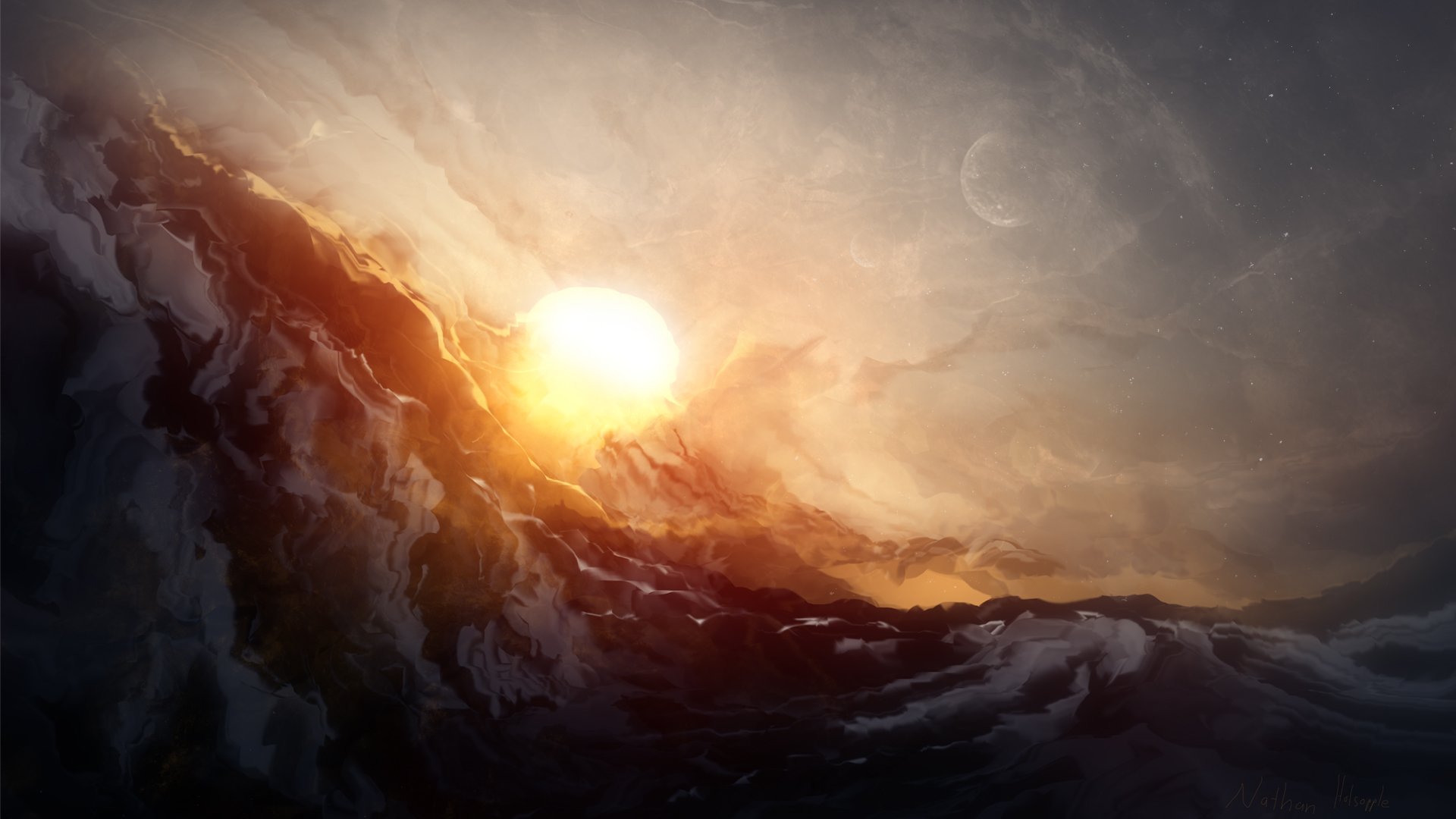 Artistic HD PC desktop wallpaper featuring a glowing sun rising over a textured, swirling landscape evoking the essence of Earth in warm, dramatic tones.
