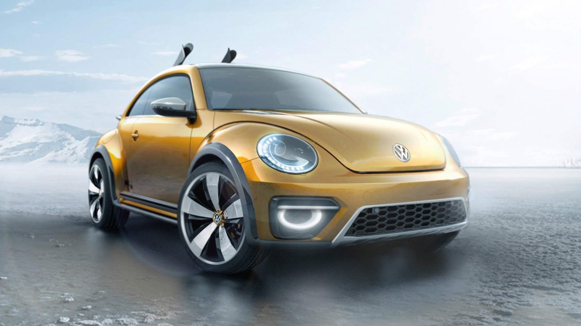 HD PC desktop wallpaper background showing a gold 2014 Volkswagen Beetle Dune concept vehicle on a wet reflective surface under a pale sky.