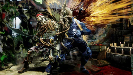 HD desktop wallpaper featuring characters from the video game Killer Instinct, showcasing intense action with a skeleton pirate and a fierce warrior amidst a vibrant background.