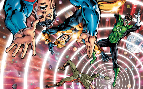 Comic-book HD PC wallpaper: Superman, Green Lantern and Booster Gold tumbling through a spiraling time vortex from Time Masters: Vanishing Point.