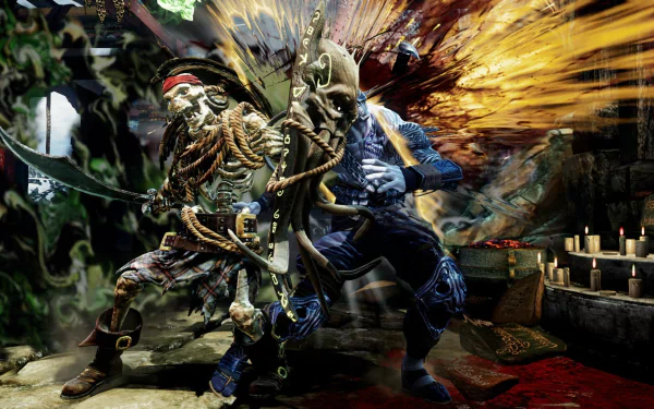 HD desktop wallpaper featuring characters from the video game Killer Instinct, showcasing intense action with a skeleton pirate and a fierce warrior amidst a vibrant background.