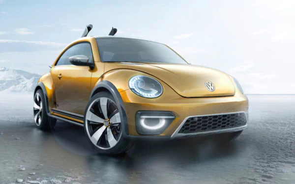 HD PC desktop wallpaper background showing a gold 2014 Volkswagen Beetle Dune concept vehicle on a wet reflective surface under a pale sky.