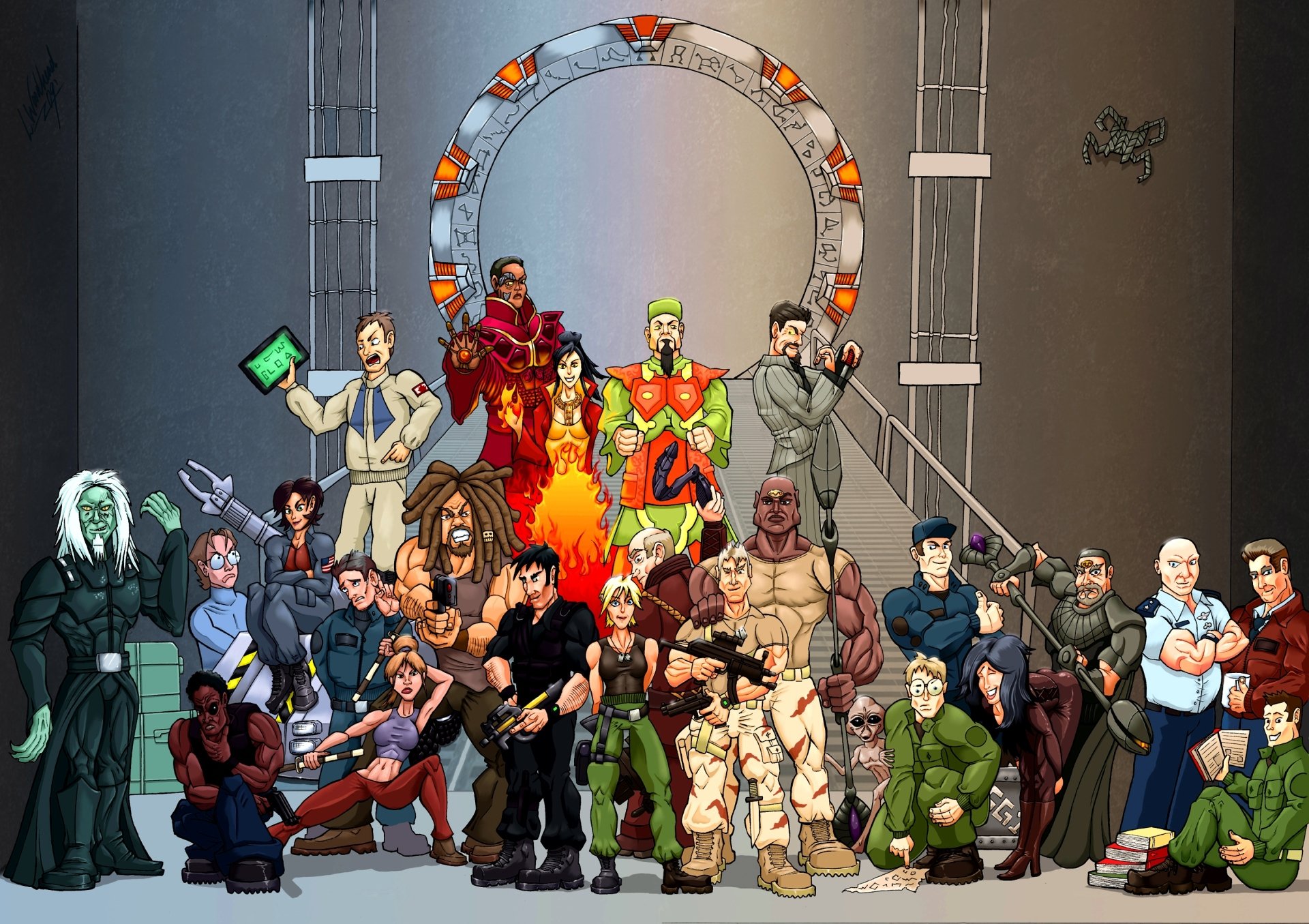 HD PC desktop wallpaper featuring a vibrant Stargate SG-1 TV show scene with iconic characters gathered around the Stargate.