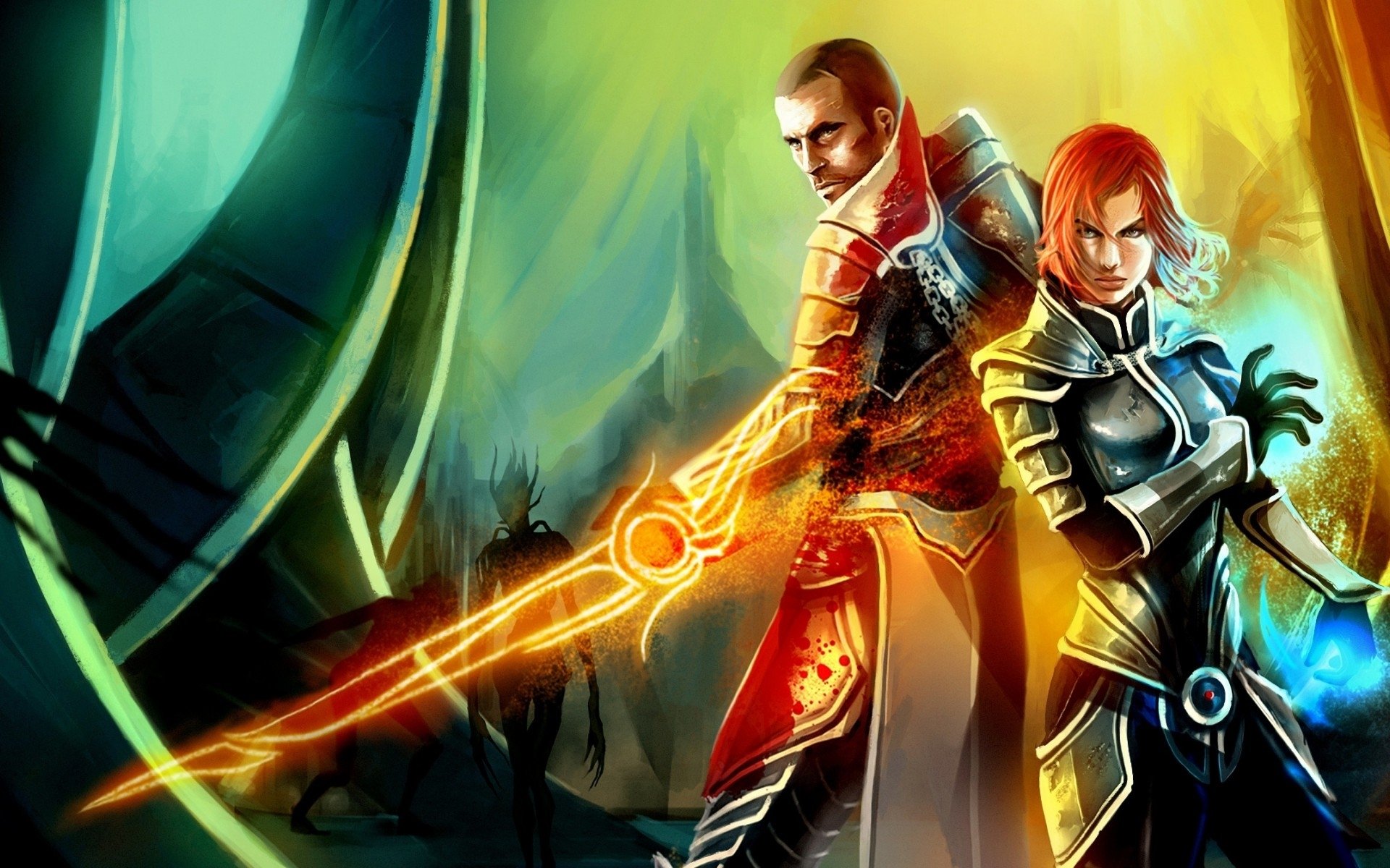 HD PC desktop wallpaper featuring Commander Shepard from the video game Mass Effect 3, depicted in dynamic action poses with glowing energy effects.