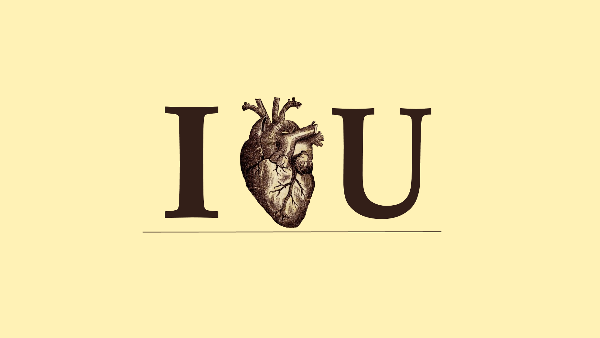 HD desktop wallpaper featuring an illustrated heart symbolizing love, with the letters I and U forming the phrase I love you.