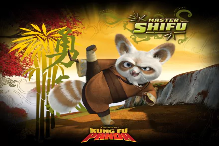 A vibrant HD wallpaper featuring Master Shifu from Kung Fu Panda, voiced by Dustin Hoffman, set against a scenic background with bamboo and mountains.
