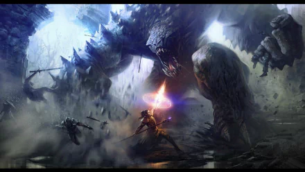 HD desktop wallpaper depicting an epic fantasy battle scene with a sorcerer fighting large monsters in a dramatic, misty setting.