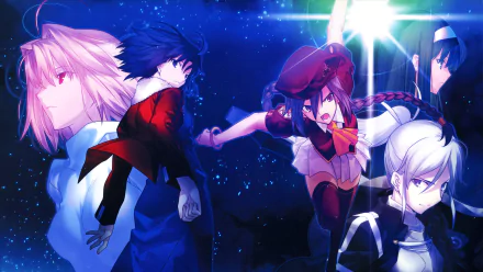 Vibrant HD wallpaper featuring characters from the video game Melty Blood, showcasing a mix of short and long hair, highlighted by striking poses and a starry background.