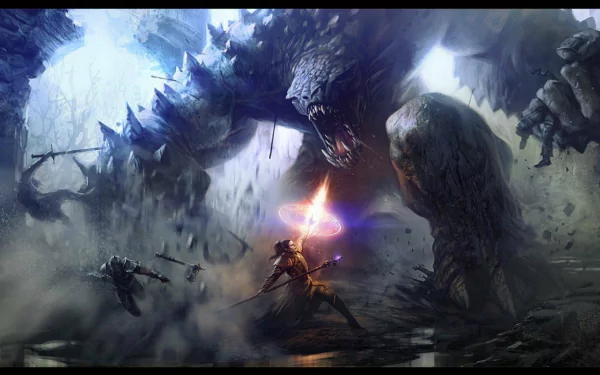 HD desktop wallpaper depicting an epic fantasy battle scene with a sorcerer fighting large monsters in a dramatic, misty setting.