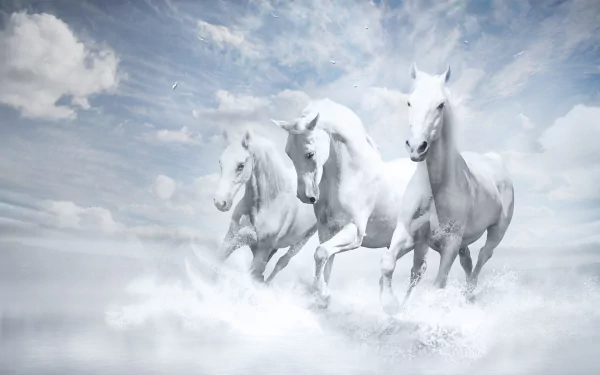 Three striking white horses gallop through a misty landscape under a dreamy sky. This HD wallpaper captures the beauty and grace of these majestic animals.