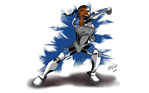 Colorful HD wallpaper featuring Cyborg from DC Comics, showcasing his dynamic pose as a member of the Teen Titans, set against a vibrant blue background.