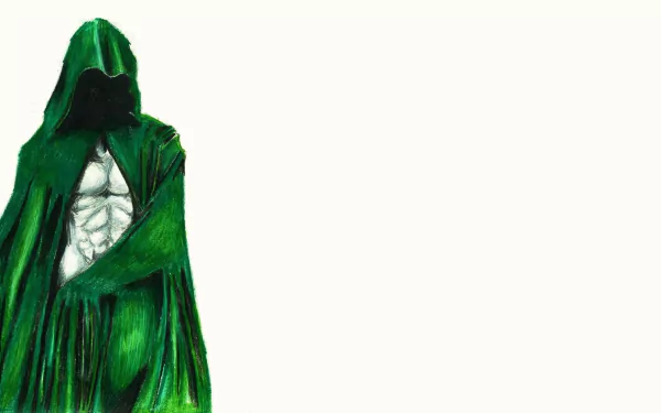 HD PC desktop wallpaper featuring The Spectre from DC Comics, depicted in a dark green hooded cloak with a muscular, shadowed form against a white background.