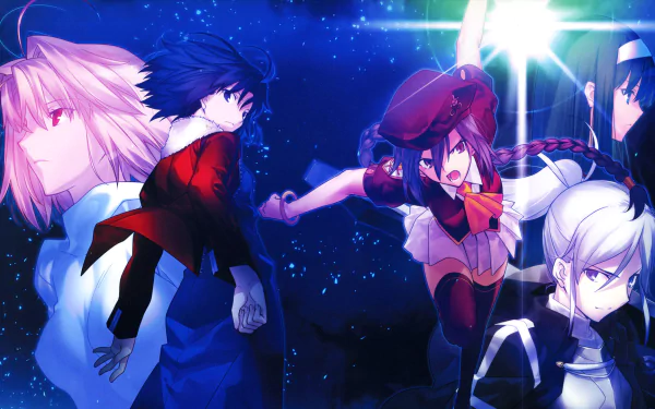 Vibrant HD wallpaper featuring characters from the video game Melty Blood, showcasing a mix of short and long hair, highlighted by striking poses and a starry background.
