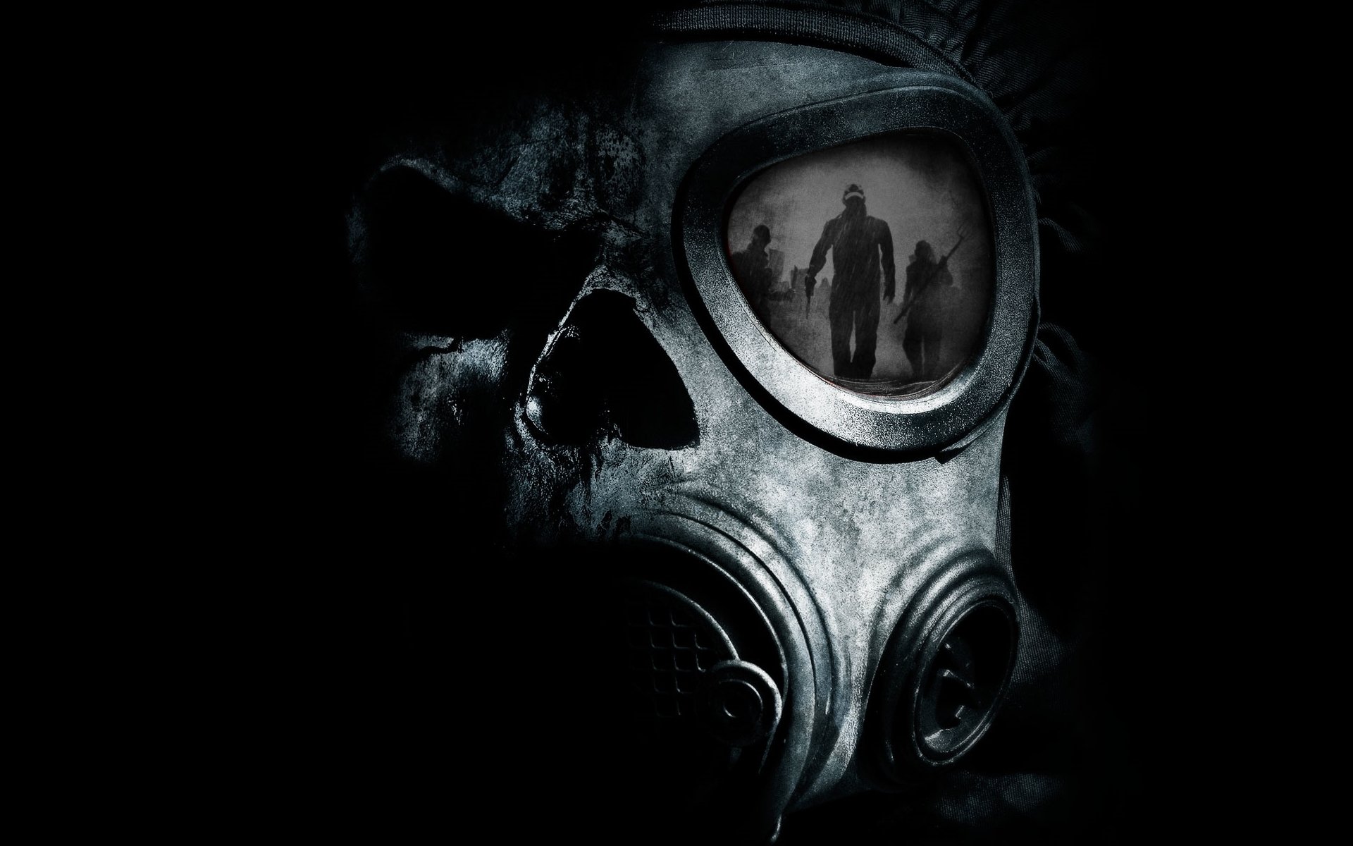 HD PC desktop wallpaper featuring a dark sci-fi apocalyptic scene of a skull wearing a gas mask reflecting shadowy figures.