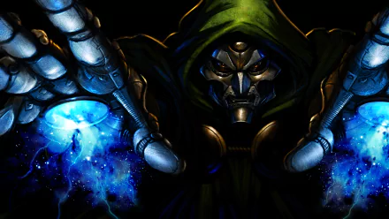 A dynamic 4K Ultra HD desktop wallpaper featuring Doctor Doom, showcasing his menacing presence with glowing energy in his hands against a dark background.