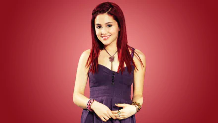 HD desktop wallpaper of Celebrity Ariana Grande with red hair, wearing a purple dress, standing against a red background.