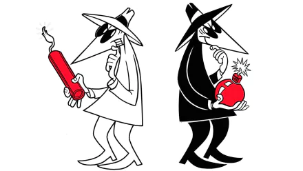 HD PC desktop wallpaper featuring the iconic Spy vs. Spy comic characters, one in white and one in black, each holding cartoon-style explosive devices.