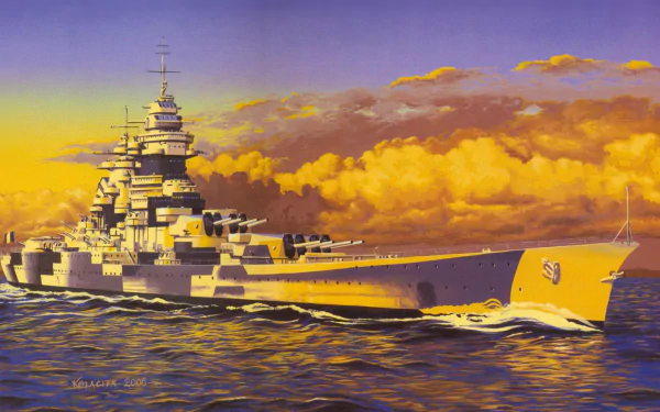 4K Ultra HD desktop wallpaper of a military battleship sailing on calm waters under a dramatic orange and purple sky.