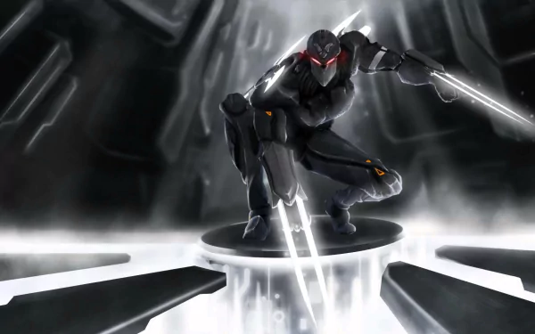 HD desktop wallpaper featuring Zed from League of Legends, poised in an action stance with glowing daggers, set against a futuristic, dark background.