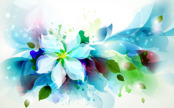 HD desktop wallpaper featuring an artistic explosion of green and blue hues forming an abstract flower with delicate leaves.