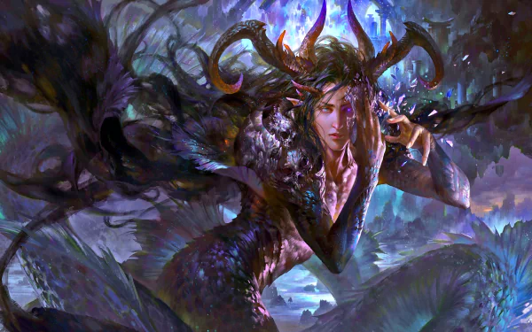 HD fantasy zodiac-themed desktop wallpaper featuring an ethereal figure with antler-like branches amidst a mystical, swirling environment.