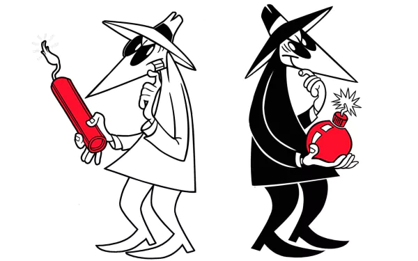 HD PC desktop wallpaper featuring the iconic Spy vs. Spy comic characters, one in white and one in black, each holding cartoon-style explosive devices.