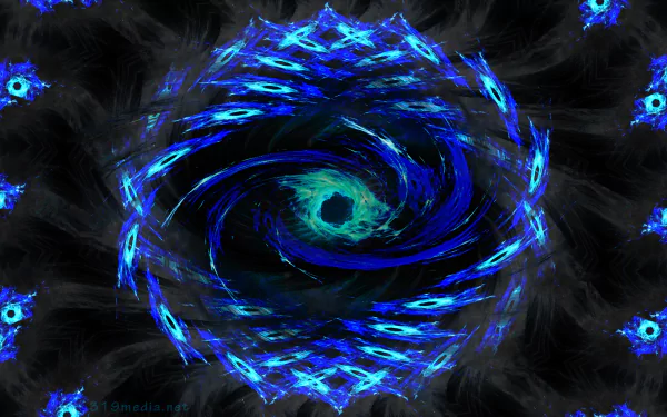 Abstract HD desktop wallpaper featuring a glowing blue spiral resembling an eye, set against a dark, smoky background with smaller matching spiral patterns.