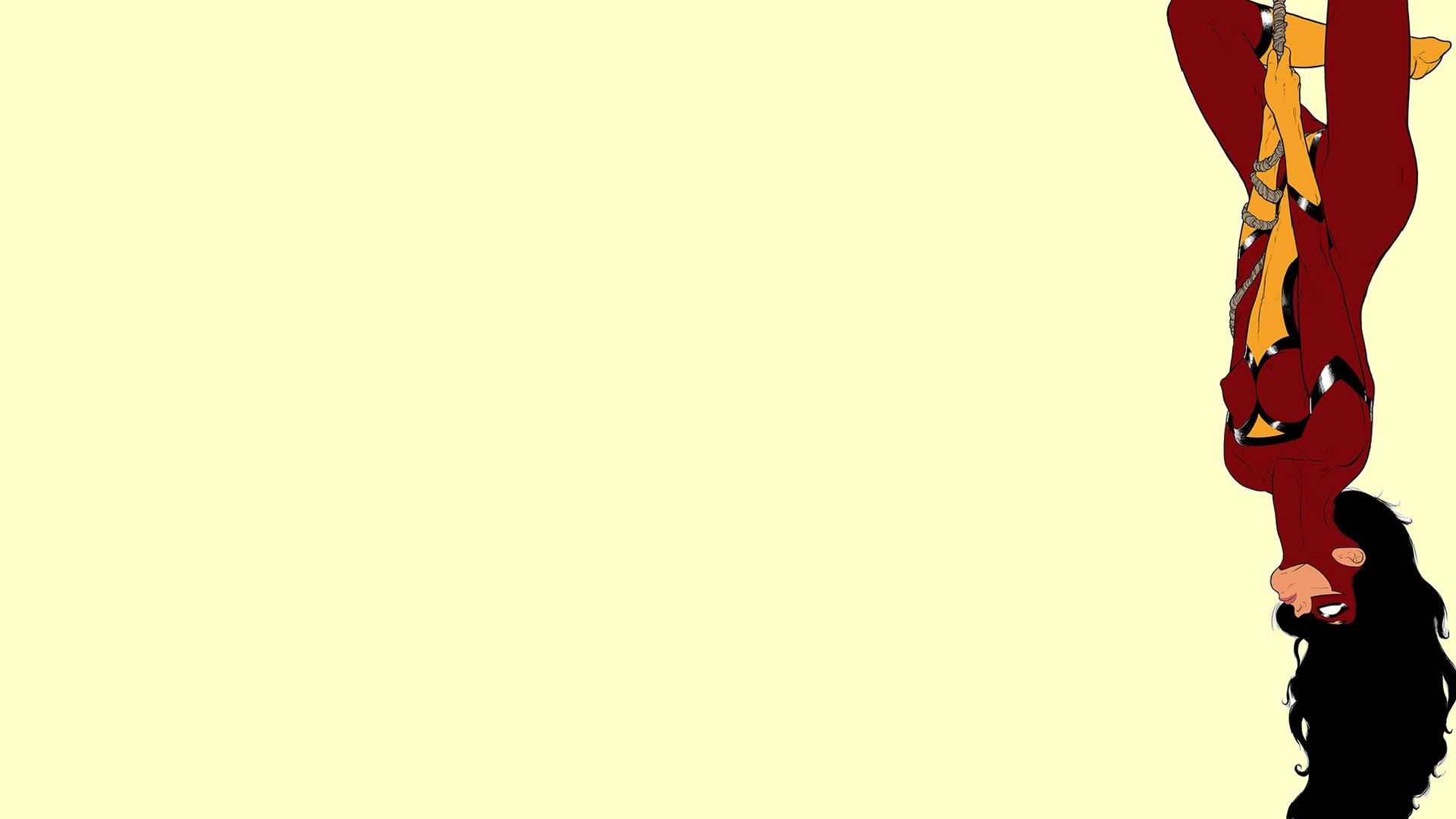 Comic-style Spider-Woman hanging upside down at the right edge on a pale cream background — HD PC desktop wallpaper and background.