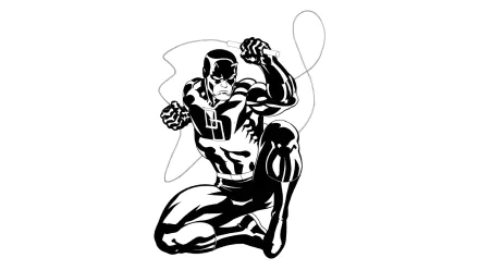 Monochrome comic-style HD PC desktop wallpaper of Daredevil kneeling, gripping his billy club with trailing cord in a bold line-art pose on a white background.