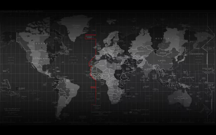 A high-definition desktop wallpaper featuring a detailed world map with a dark, monochromatic theme and red accent lines.