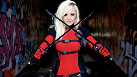 A confident woman in vibrant red and black cosplay holds two swords crossed in front of her, set against a colorful graffiti background. This high-definition image serves as a striking desktop wallpaper.