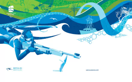 HD desktop wallpaper featuring dynamic artwork of a biathlon athlete in action, representing the 2010 Vancouver Winter Olympics and Olympic Games sports theme.