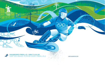 HD PC desktop wallpaper: stylized snowboarder with Olympic rings amid blue-green waves — Winter Olympics Vancouver 2010 sports graphic background.