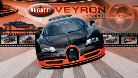 HD desktop wallpaper featuring a black and orange Bugatti Veyron 16.4 Super Sport sports car with Bugatti branding and dynamic design elements.