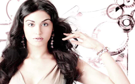 HD desktop wallpaper featuring Adah Sharma, showcasing her striking features and elegant pose against a stylish background with abstract circular designs.