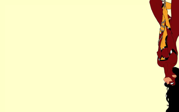 Comic-style Spider-Woman hanging upside down at the right edge on a pale cream background — HD PC desktop wallpaper and background.