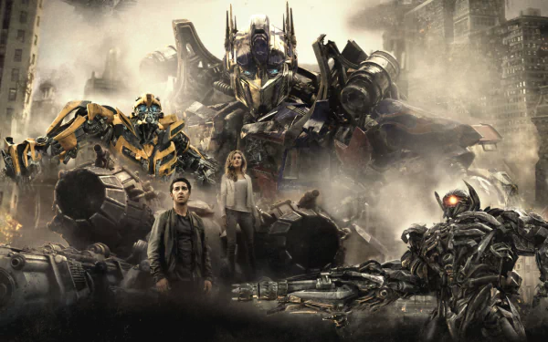 HD wallpaper featuring characters from Transformers: Dark of the Moon, including iconic Autobots and Decepticons, alongside human characters amidst a dramatic, urban backdrop.