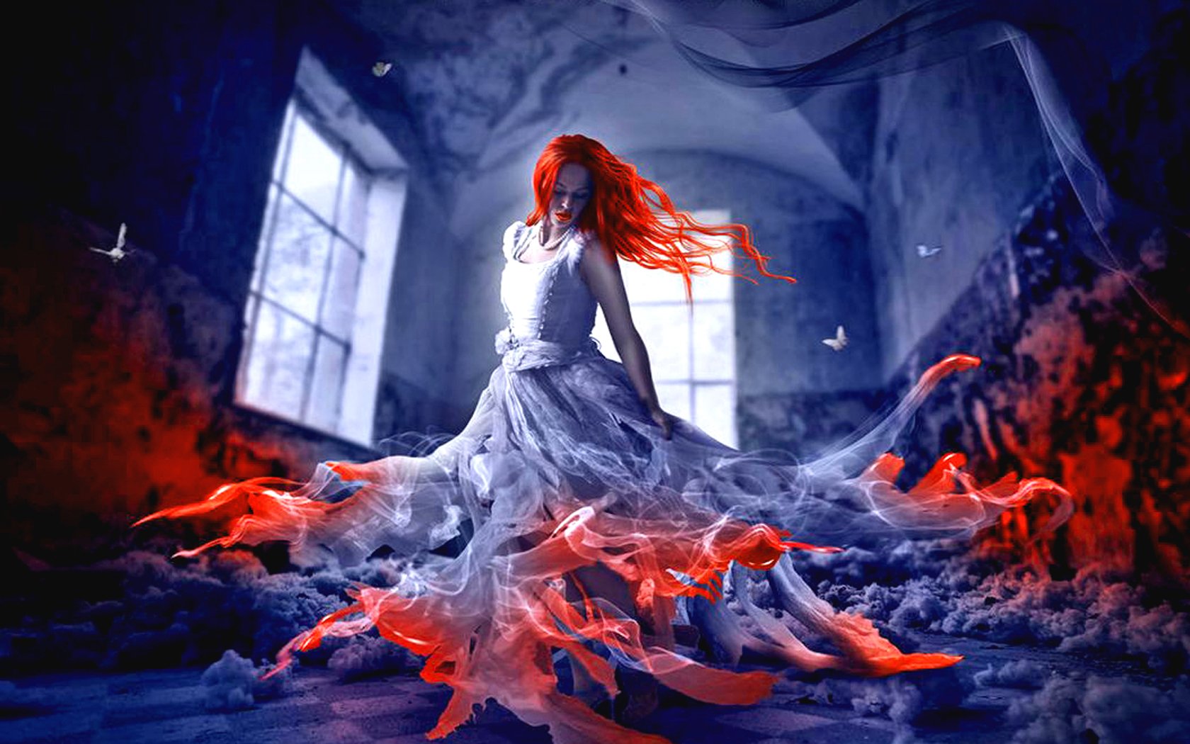 A captivating fantasy scene featuring a woman in a flowing dress, surrounded by swirling red and blue hues, set against the backdrop of an enchanting, abandoned space.