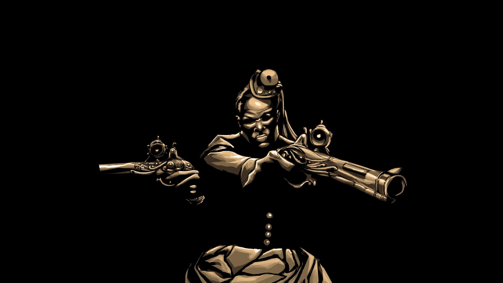 4K Ultra HD sci-fi steampunk wallpaper depicting a fierce figure aiming two intricately designed guns, set against a stark black background.