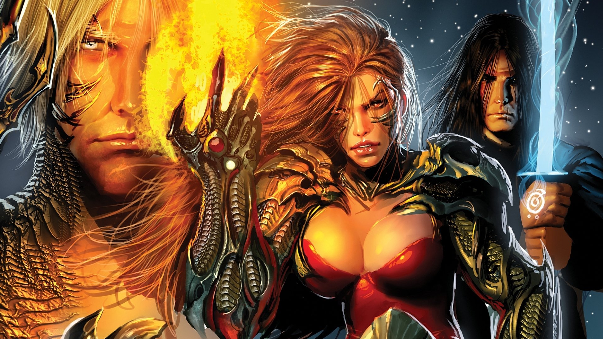 HD PC desktop wallpaper featuring Witchblade comic characters with glowing armor, fire effects, and intense expressions against a starry night background.