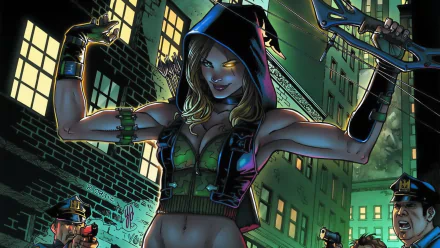 HD desktop wallpaper featuring Robyn Hood from Grimm Fairy Tales comic, portrayed with a confident pose and glowing eyes in a dark urban setting.