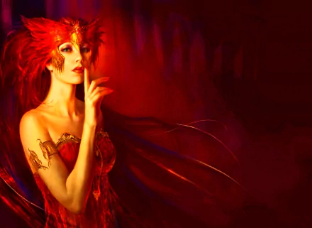 A striking fantasy-themed HD desktop wallpaper featuring a woman with vibrant red hair and a dramatic outfit, evoking an enchanting and mysterious atmosphere.