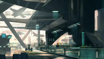 A detailed HD wallpaper showcasing a futuristic interior from the video game Star Citizen, featuring sleek architecture, illuminated workstations, and glimpses of spacecraft in the background.