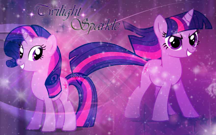 A vibrant HD wallpaper featuring Twilight Sparkle and Rarity from My Little Pony, surrounded by a starry, magical background, showcasing characters from the TV show *My Little Pony: Friendship Is Magic*.