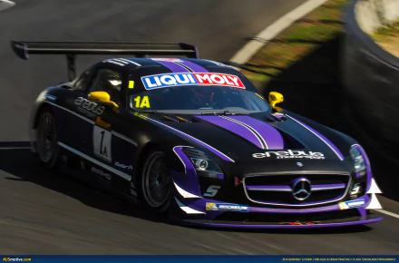 HD PC desktop wallpaper and background: Mercedes SLS GT3 in black and purple racing at the Bathurst 12 Hour endurance sports event on the mountain circuit.